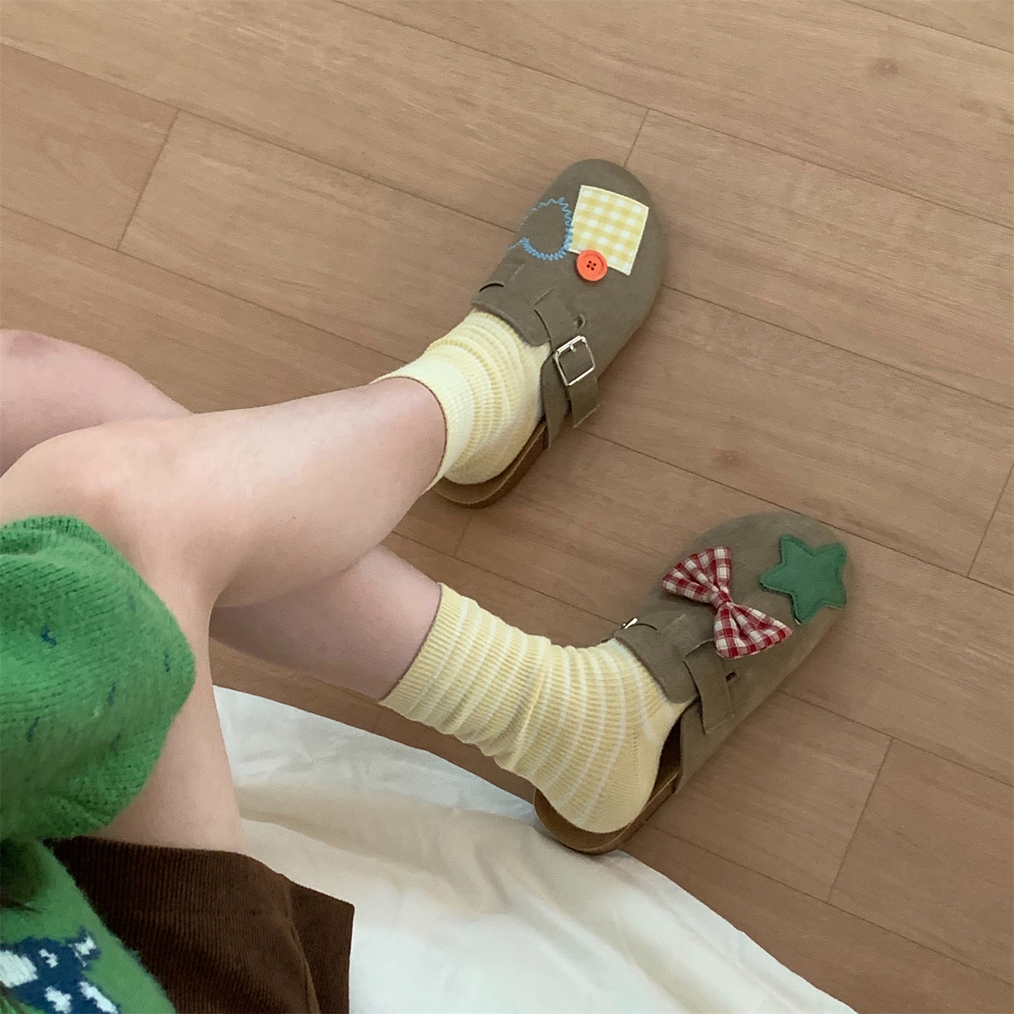 细细条复古ins格子蝴蝶结勃肯鞋