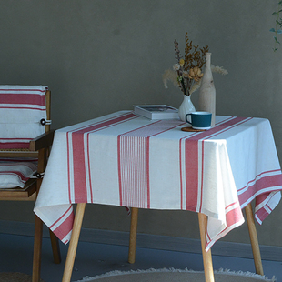 棉麻简约条纹桌布亚麻餐桌盖布红色氛围感圣诞元旦新年装饰可定制