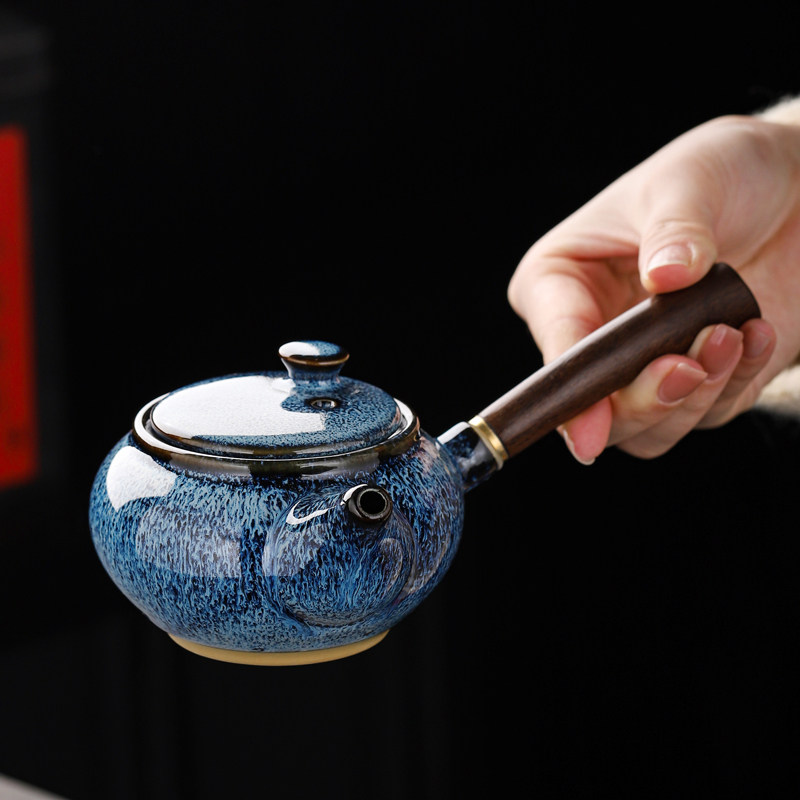 趣见天目釉窑变过滤水壶侧把陶瓷茶壶