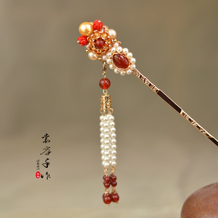 裳容手作古风汉服珠花发簪头饰红玛瑙古装带流苏簪子发钗玛瑙发饰