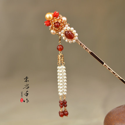 裳容手作古风汉服珠花发簪头饰红玛瑙古装带流苏簪子发钗玛瑙发饰