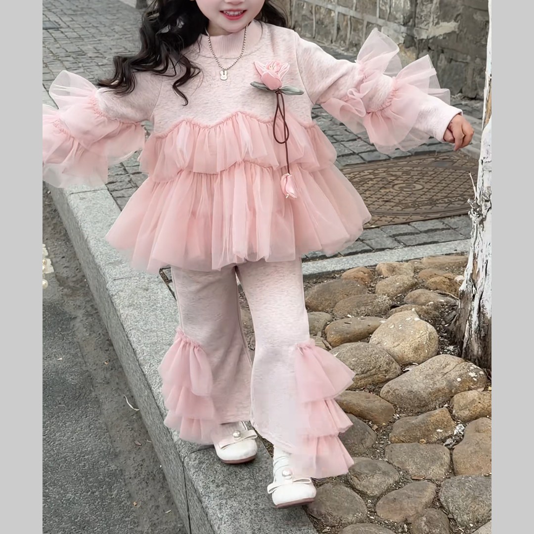 女童春装26新款粉色网纱荷叶边套装儿童洋气花朵卫衣喇叭裤一整套