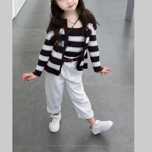 高腰牛仔裤 女童撞色条纹2026春季 潮 吊带套装 针织开衫 韩版 洋气修身