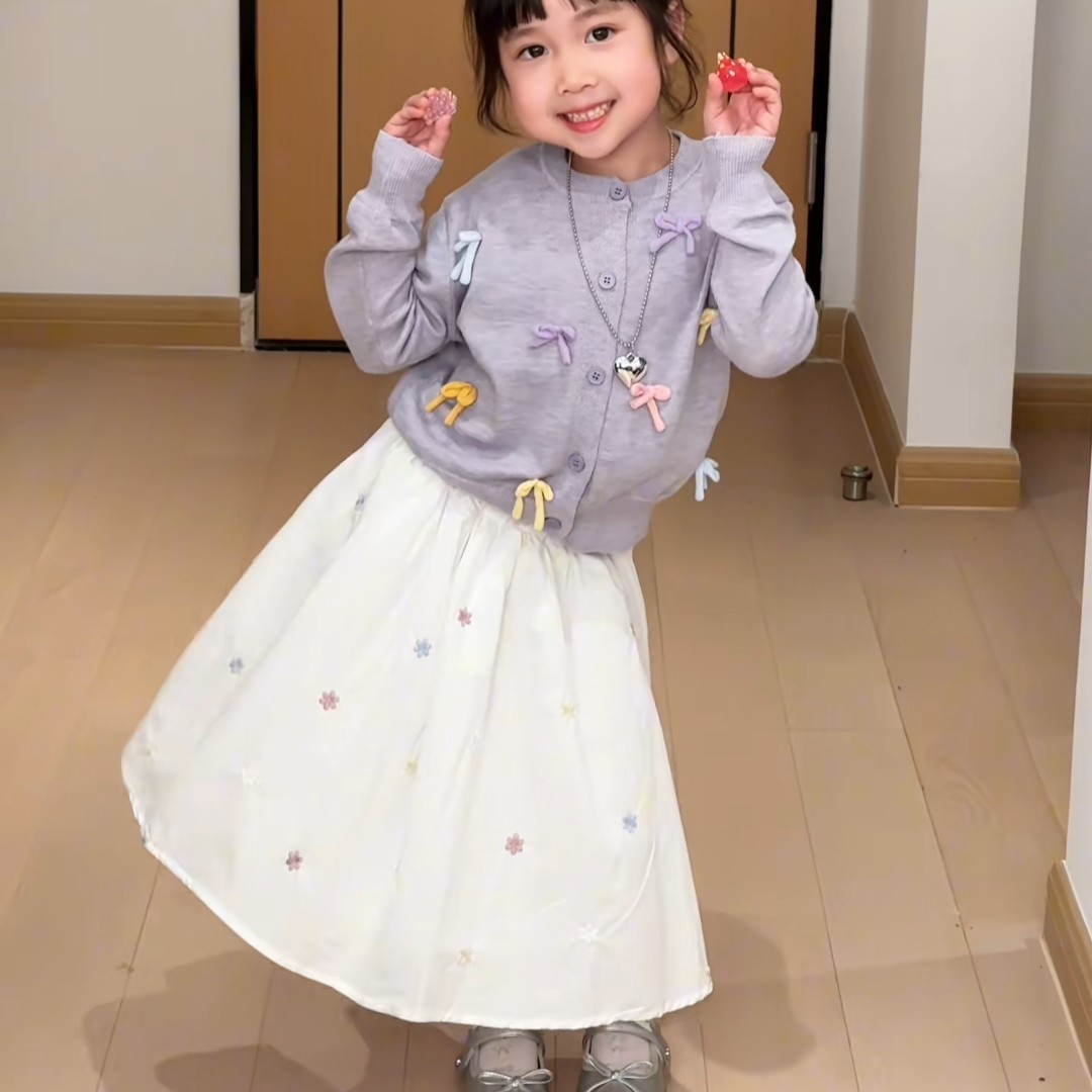 童装女童春季26新款公主风蝴蝶结圆领针织开衫休闲绣花半身裙套装