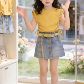女孩黄色T恤牛仔裙裤 洋气百搭韩版 套 2025新款 女童夏季