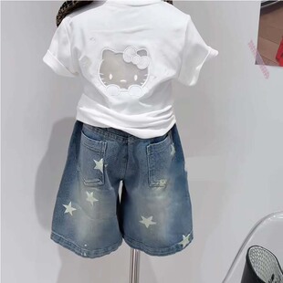 T恤时髦牛仔中裤 女童夏季 两件套 女宝宝卡通短袖 2026韩版 新款 套装