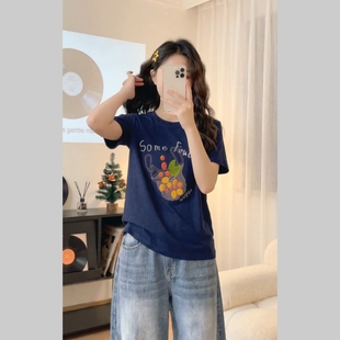 港式 T恤女2026夏日穿搭水果印花设计感小众上衣 复古通勤圆领短袖
