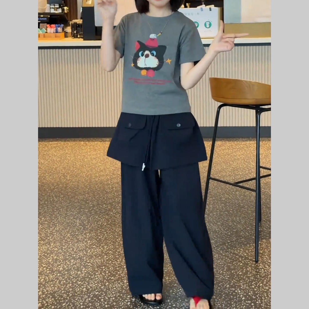 女童夏季新款2026时尚百搭套装短袖T恤两件套屁帘休闲工装直筒裤