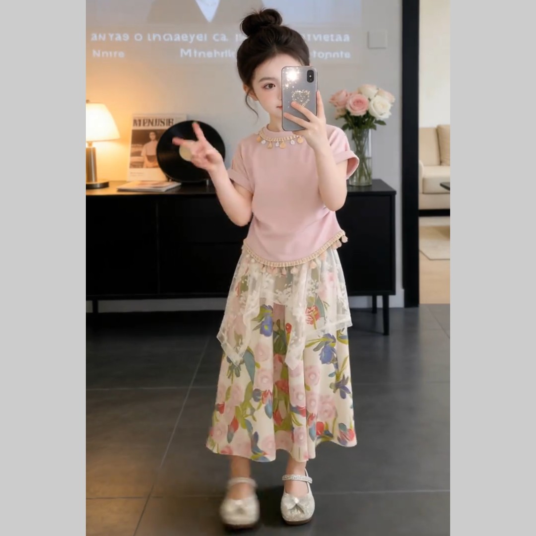 女童夏装套装2026夏季新款短袖洋气儿童新中式碎花裙两件套