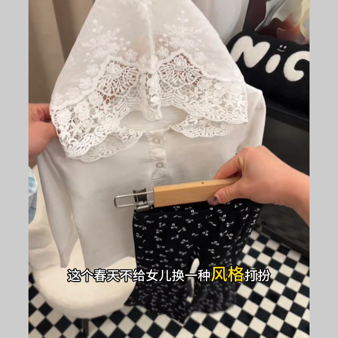 韩版童装2026新款春季女童蕾丝长袖T恤儿童洋气连帽上衣套装潮