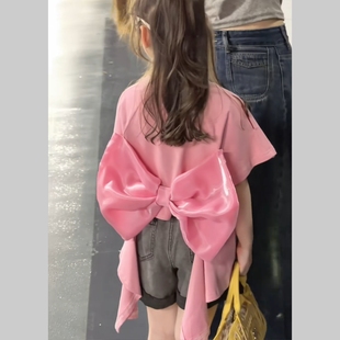 女童2026年夏新款 女童露肩T恤上衣飘摆T恤 后背蝴蝶结卡通短袖