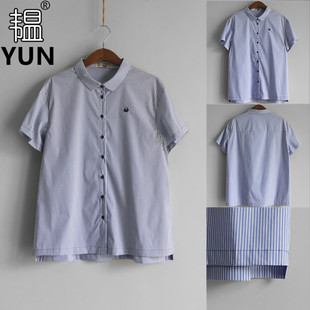 新品 POLO领单排扣阔型竖条纹短袖 YUN韫夏季 女装 女T2582 女衬衫 短袖