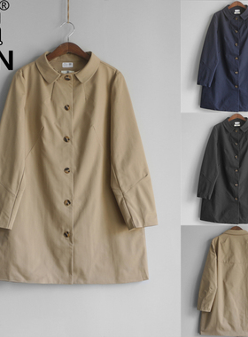 YUN韫春季新品女装翻领单排扣长袖简约中长款女风衣外套 3338兜兜