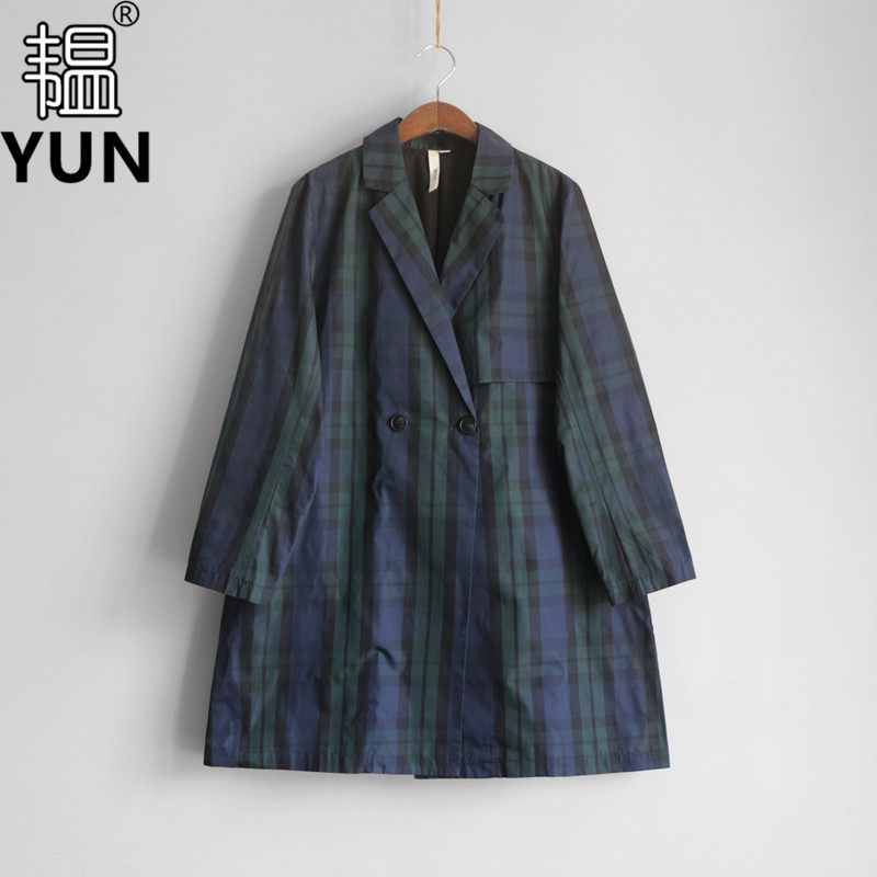 兜兜女装 春季秋季新品女装西装领双排扣中长款格子女风衣 带里衬