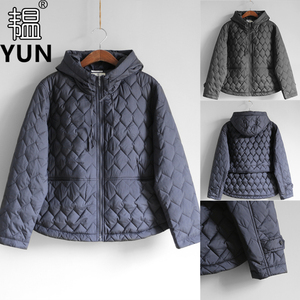YUN韫2024冬季新品女装时尚连帽波浪格纹韩版宽松女棉衣外套 1597
