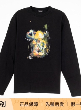 WE11DONE FW24 可爱泰迪熊圆领长袖 落肩袖T恤 黑色