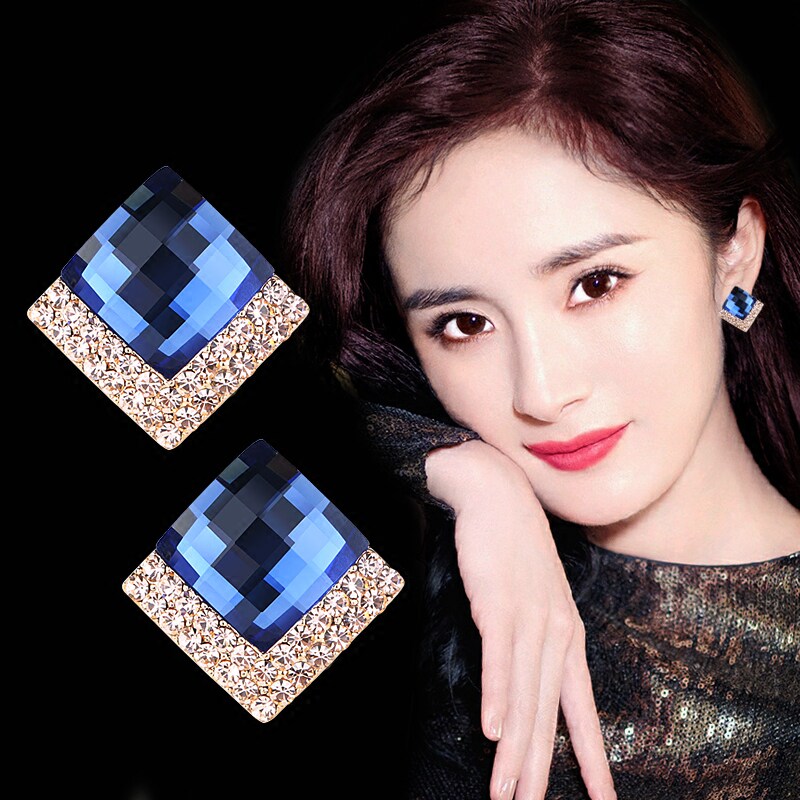 日韩简约个性韩国OL水晶耳钉高贵气质宝蓝色 超闪钻方块耳钉 女