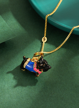 镶钻黑色小狗雪纳瑞吊坠项链