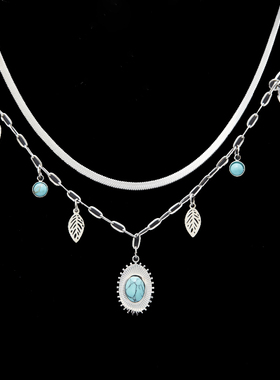 钛钢绿松石树叶多坠项链