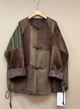 欧货时尚圆领长袖拼接撞色盘扣外套2026冬款69103