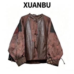 新中式冬季新款棉衣香云纱拼PU皮短外套26775