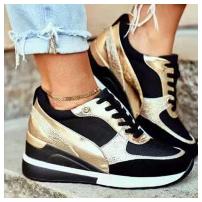 跨境大码运动鞋圆头低帮女士旅游鞋前系带坡跟运动欧美拼色单鞋女