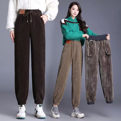 加绒加厚运动裤女秋冬休闲条绒卫裤2023束脚哈伦雪尼尔灯芯绒裤子