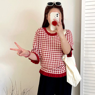 胖mm荷叶边针织衫 大码 格子上衣女2025秋款 圆领显瘦短袖 23372 女装