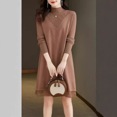 秋冬高级感法式气质内搭蕾丝中长款打底毛衣裙配大衣针织连衣裙女