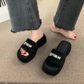 厚底拖鞋 水钻高跟一字拖小个子休闲沙滩凉拖鞋 女外穿夏季 2024新款