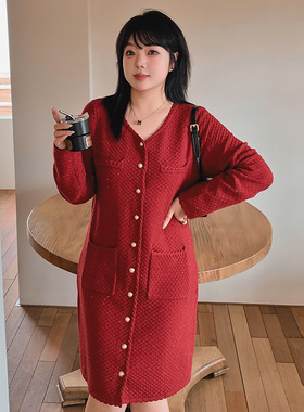 大码女装气质v领红色针织裙2025冬胖mm高级感名媛小香连衣裙22776