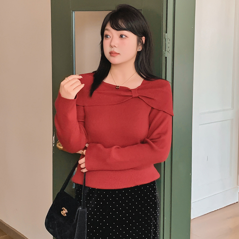 大码女装设计感蝴蝶结一字领针织衫2025冬款胖mm气质毛衣女22795