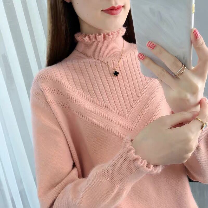 秋冬跨境加厚韩版宽松洋气打底针织衫上衣木耳边百搭半高领毛衣女