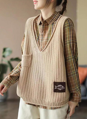 复古贴标马甲针织背心女2022秋季新款V领宽松休闲套头针织衫马夹