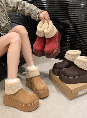 芒果头松糕雪地棉女2025年新款小个子增高厚底翻毛口加绒加厚棉鞋