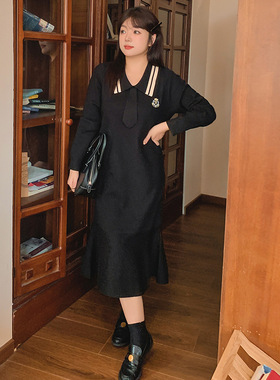 大码女装气质学院风连衣裙2025冬胖mm百搭休闲针织毛衣裙女22679