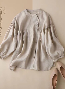 2024新款纯色灯笼袖棉麻衬衣女宽松娃娃小衫设计感九分袖时尚衬衫