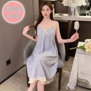 睡裙女款 家居服可外穿 夏季 棉质带胸垫吊带睡裙甜美ins风胖mm大码