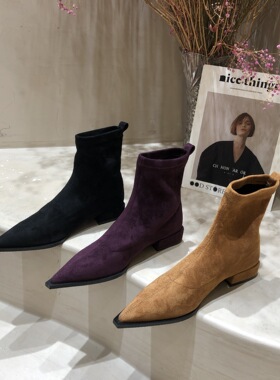 平底黑色后拉链短靴女2024秋冬新款低跟显瘦裸靴尖头弹力瘦瘦靴