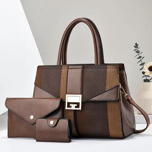 外贸厂家女包bag子母包三件套手提包色彩条纹潮流包包bags