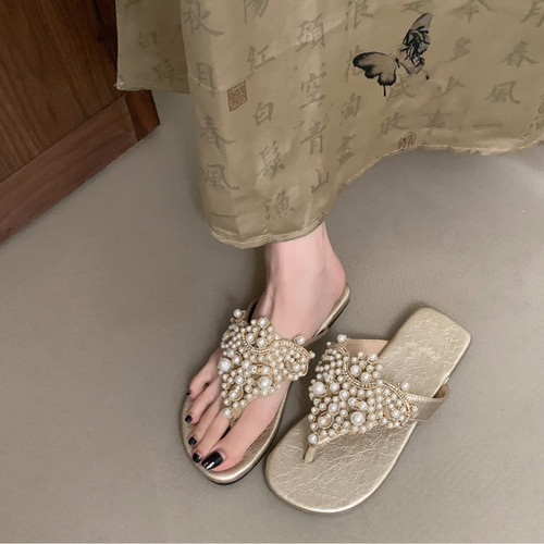 软皮版~绝美珍珠夹趾平底凉拖鞋女外穿波西米亚度假风沙滩人字拖