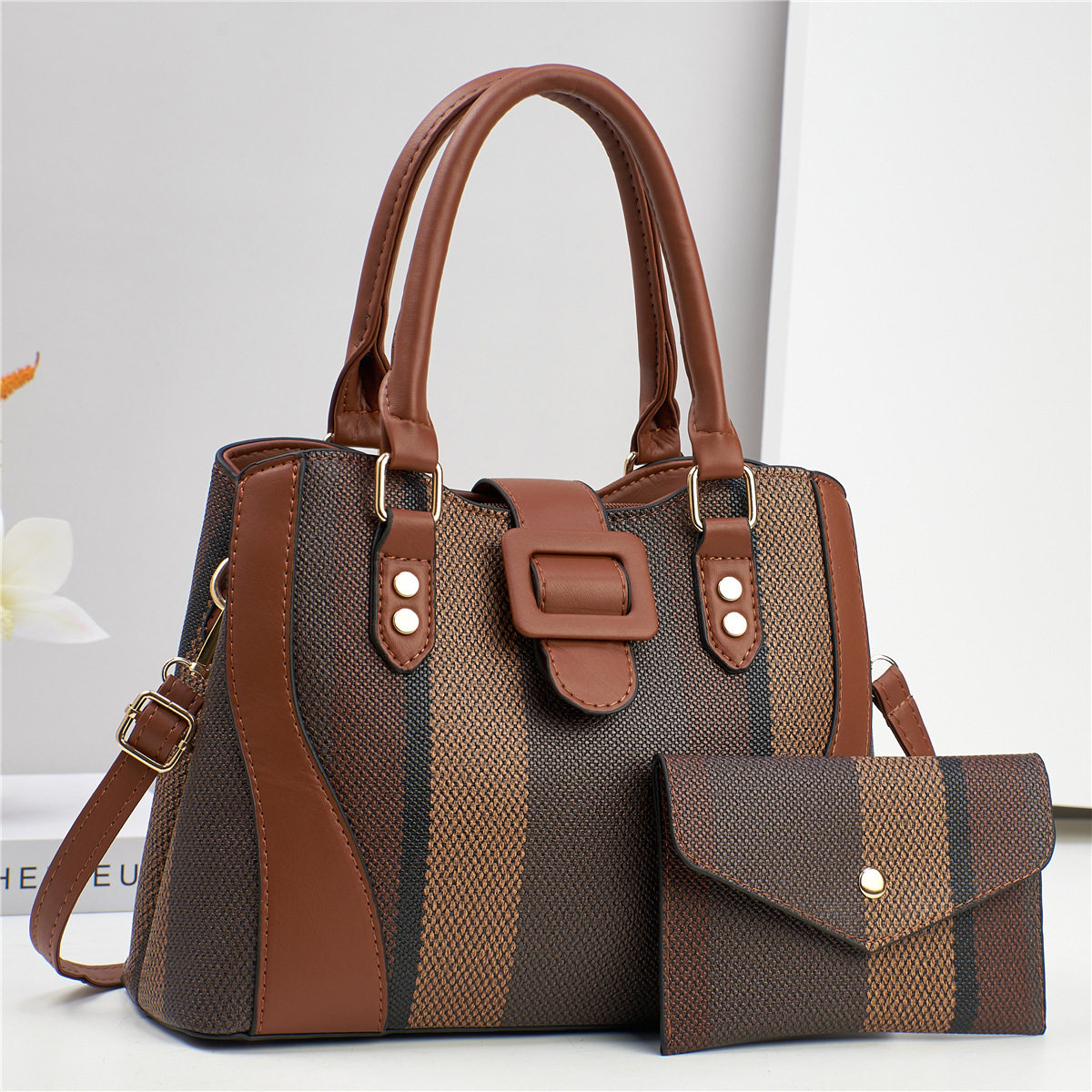 外贸2024新款时尚条纹撞色大容量女士手提包简约休闲单肩子母包包,箱包皮具/热销女包/男包,单肩包,淘宝优惠券,粉丝福利购,淘宝优惠卷