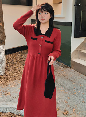 大码女装撞色polo领毛衣裙2025冬款胖mm气质连衣裙女针织裙22797