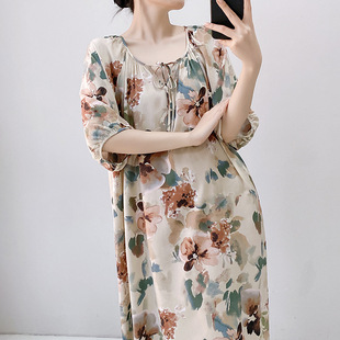 睡衣新中式 碎花长袖 棉绸睡裙女春夏季 宽松中国风绵绸家居服夏大码