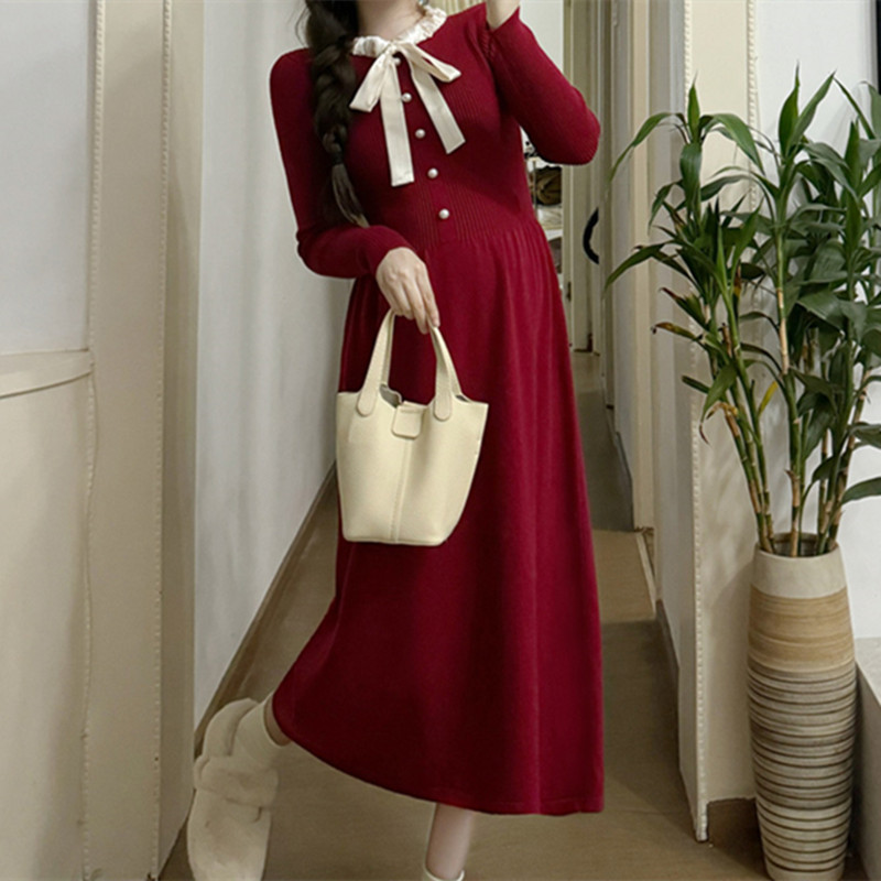 秋冬款法式甜美蝴蝶结针织连衣裙过膝飘带打底裙中长款小红裙