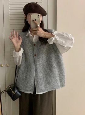 针织马甲开衫女秋冬季新款背心韩系简约复古软糯宽松叠穿毛衣坎肩