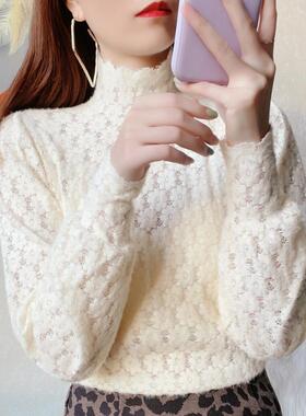 白色长袖衬衫女加绒加厚蕾丝内搭秋冬款设计感小众洋气植绒打底衫