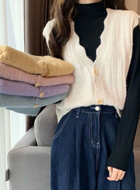 2022春季新款开衫百搭针织宽松单排扣镂空针织马甲背心女韩版潮