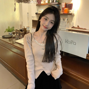针织衫 新款 甜美纯欲风花边圆领长袖 女春季 潮 修身 显瘦百搭上衣女装