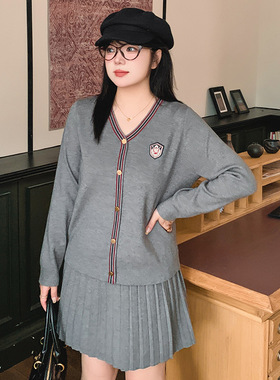 大码休闲学院风针织套装2025冬款胖mm开衫外套女半裙两件套22806